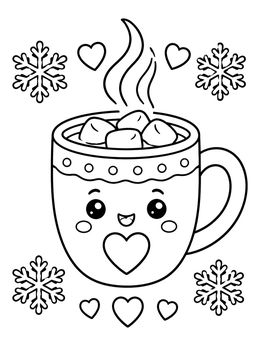 A cute hot cocoa mug with hearts and snowflakes on a february coloring page.