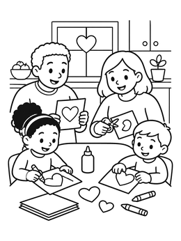 A happy family making craft heart cards together in this february coloring page.