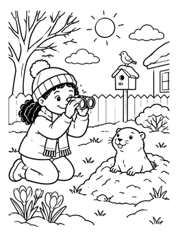 A curious child watching a groundhog pop up from its burrow in this february coloring page.