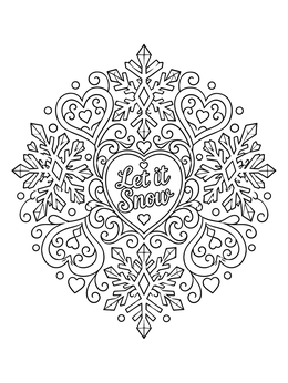 A decorative february coloring page showing a winter mandala with hearts, snowflakes, and Let It Snow text.