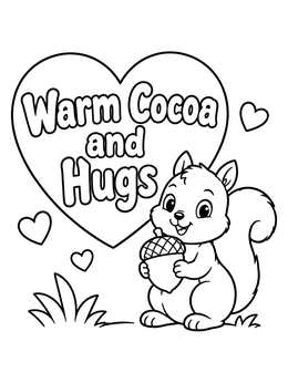 A squirrel holds an acorn near hearts in this february coloring page.