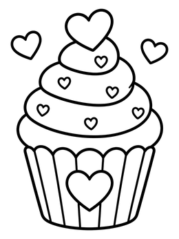A sweet february coloring page featuring a frosted cupcake topped with hearts.
