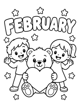 Free printable Teddy Bear With Heart And Kids For February coloring page