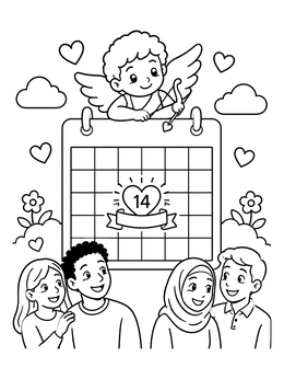 A cupid flies over a February coloring page calendar marking the fourteenth surrounded by happy couples.