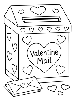 A february coloring page of a decorated Valentine mail box surrounded by heart envelopes.