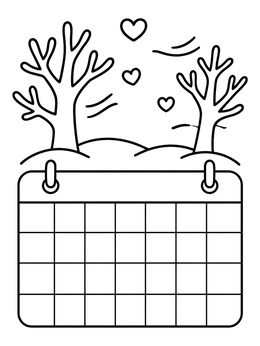 A simple february coloring page showing a blank monthly grid with winter trees and flying hearts.