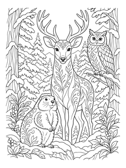 A deer, groundhog, and owl in a snowy forest scene on this february coloring page.