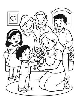 Free printable Family Celebrating Mother With Flowers coloring page