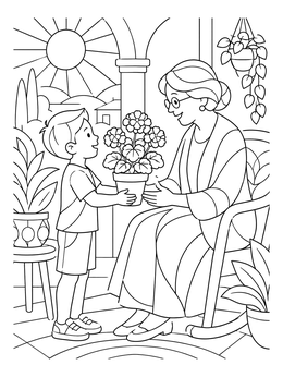 A feliz dia de las madres coloring page of a boy giving a potted flower to his grandmother.