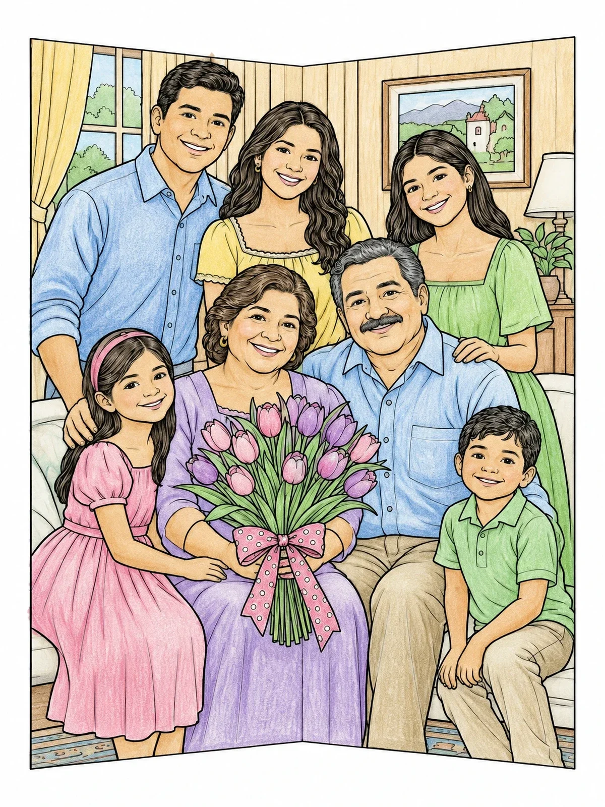 Colored example of the Family Celebrating Mother With Tulips coloring page