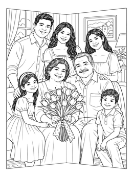 A big loving family gathers around grandmother in this feliz dia de las madres coloring page.