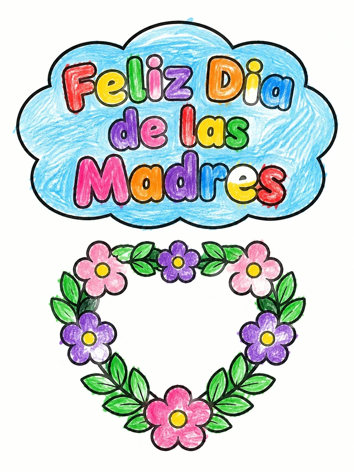 Colored example of the Feliz Dia De Las Madres Floral Heart coloring page