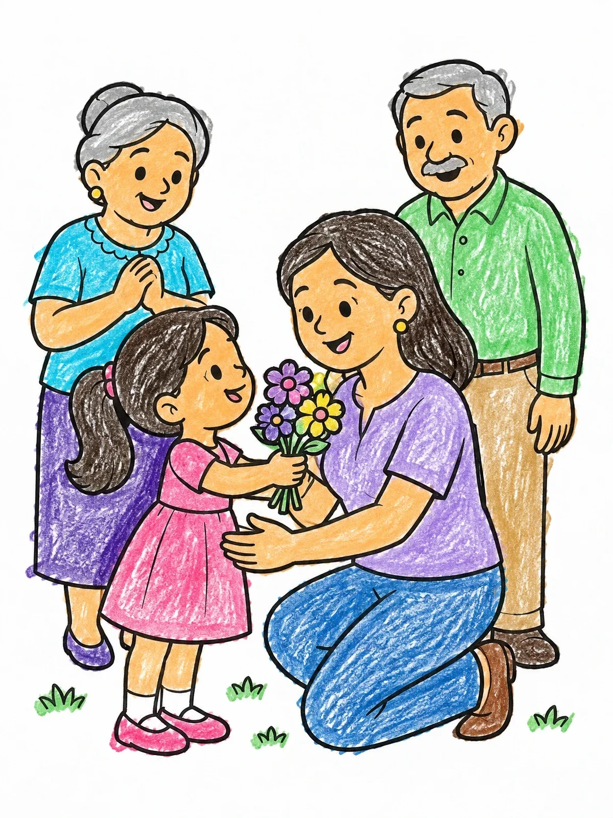 Colored example of the Girl Giving Mother Fresh Flowers coloring page