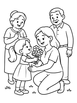 Free printable Girl Giving Mother Fresh Flowers coloring page