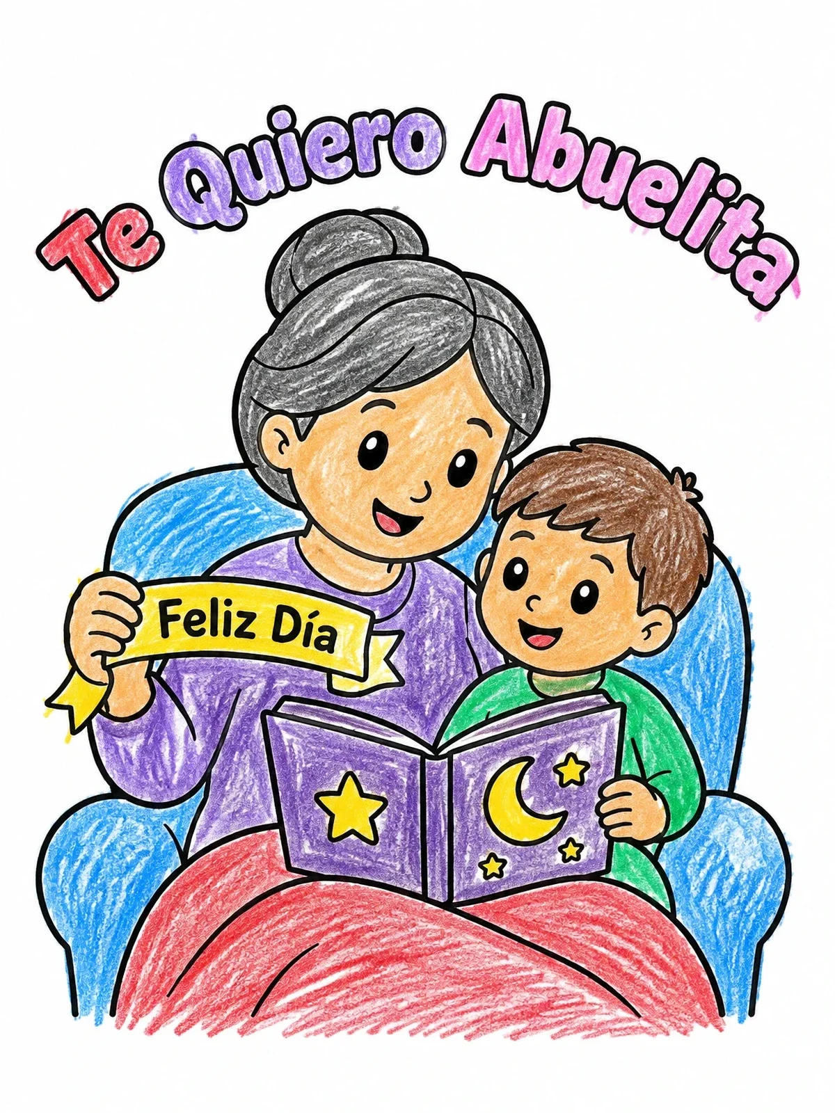 Colored example of the Grandmother And Grandson Reading Together coloring page