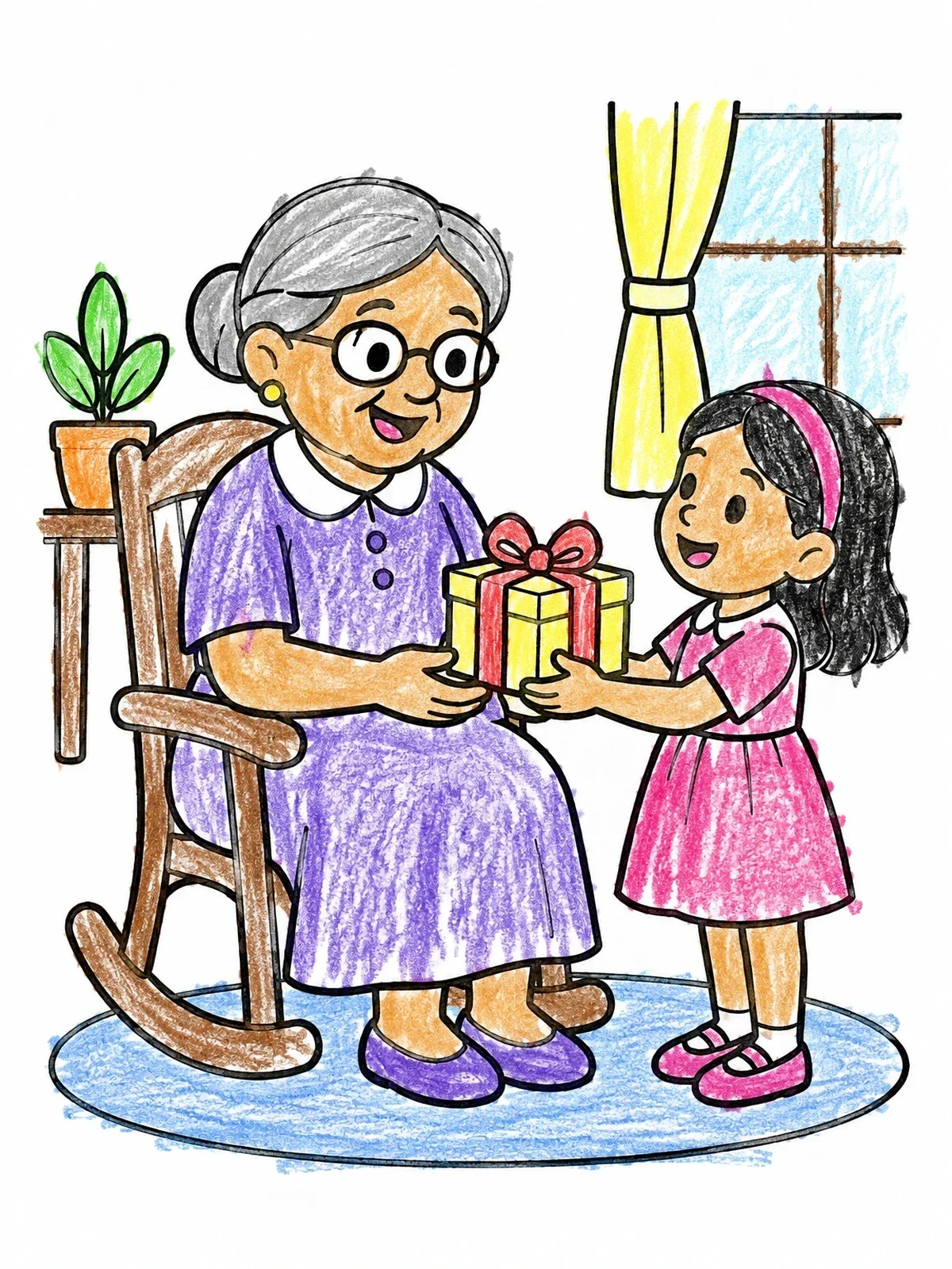 Colored example of the Grandmother Receiving Gift From Granddaughter coloring page