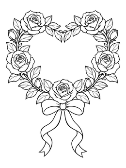 Free printable Heart Shaped Rose Wreath With Ribbon coloring page