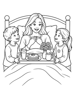 Two smiling kids surprise mom with a feliz dia de las madres coloring page breakfast tray in bed.