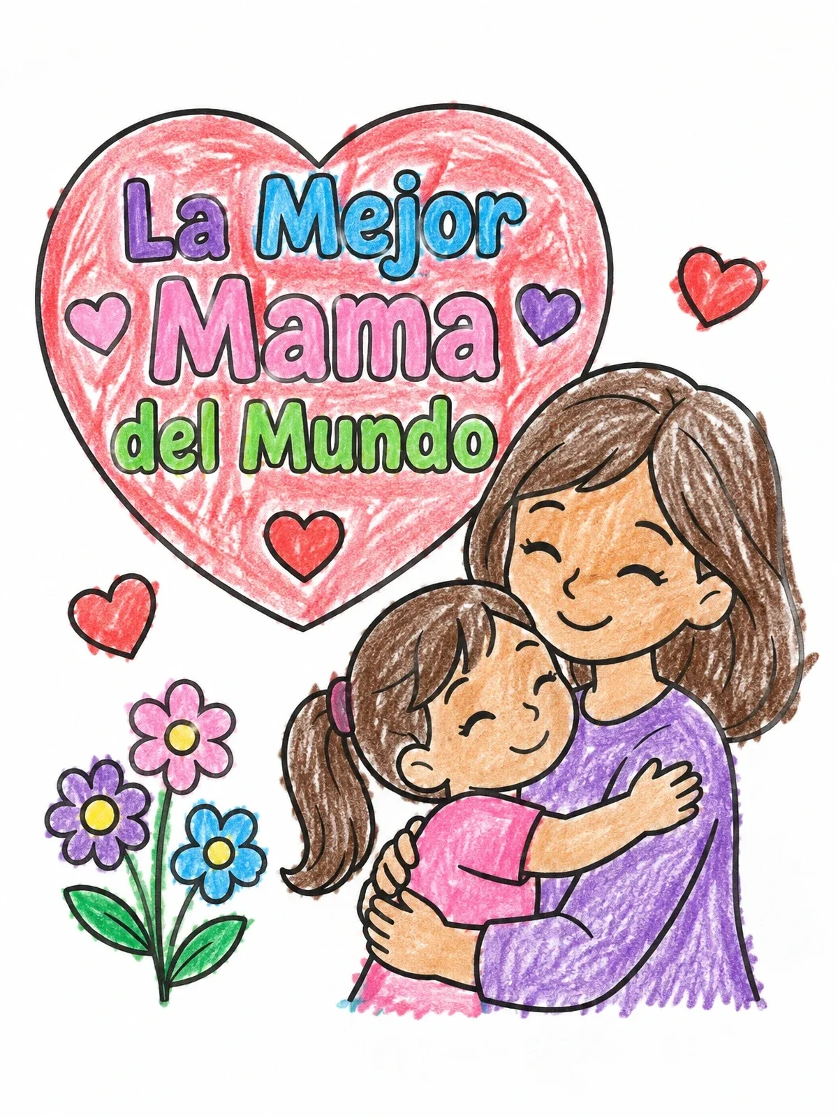 Colored example of the Mother And Daughter Hugging With Heart coloring page