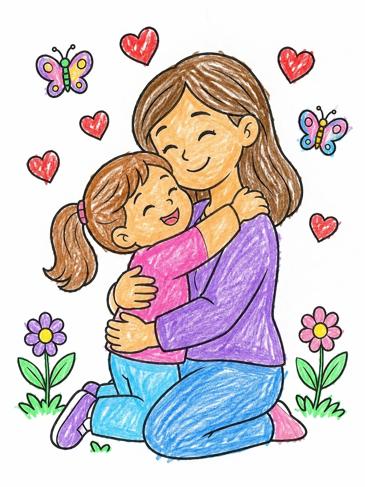 Colored example of the Mother And Daughter Warm Hug coloring page
