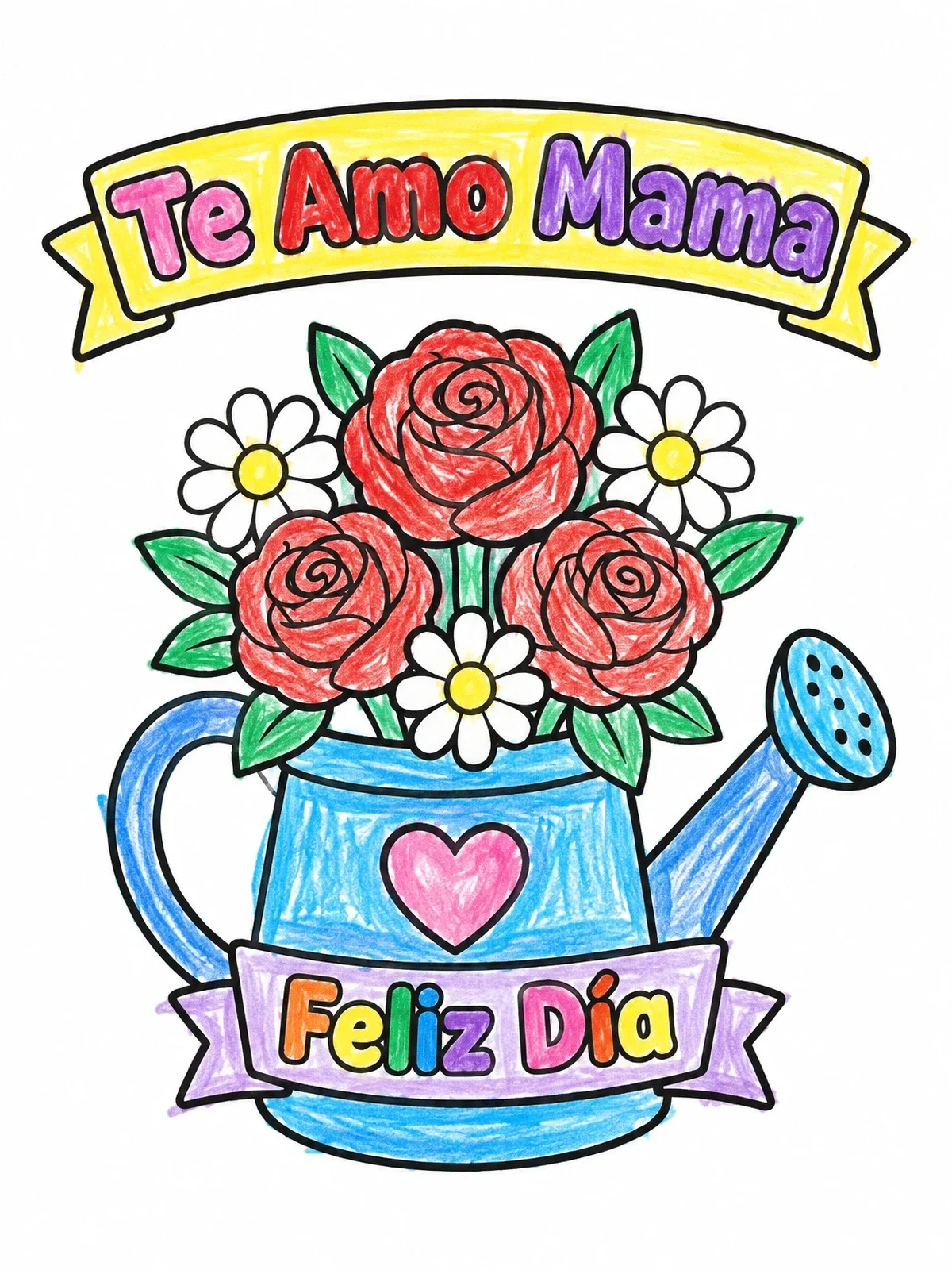 Colored example of the Watering Can Bouquet For Mother's Day coloring page