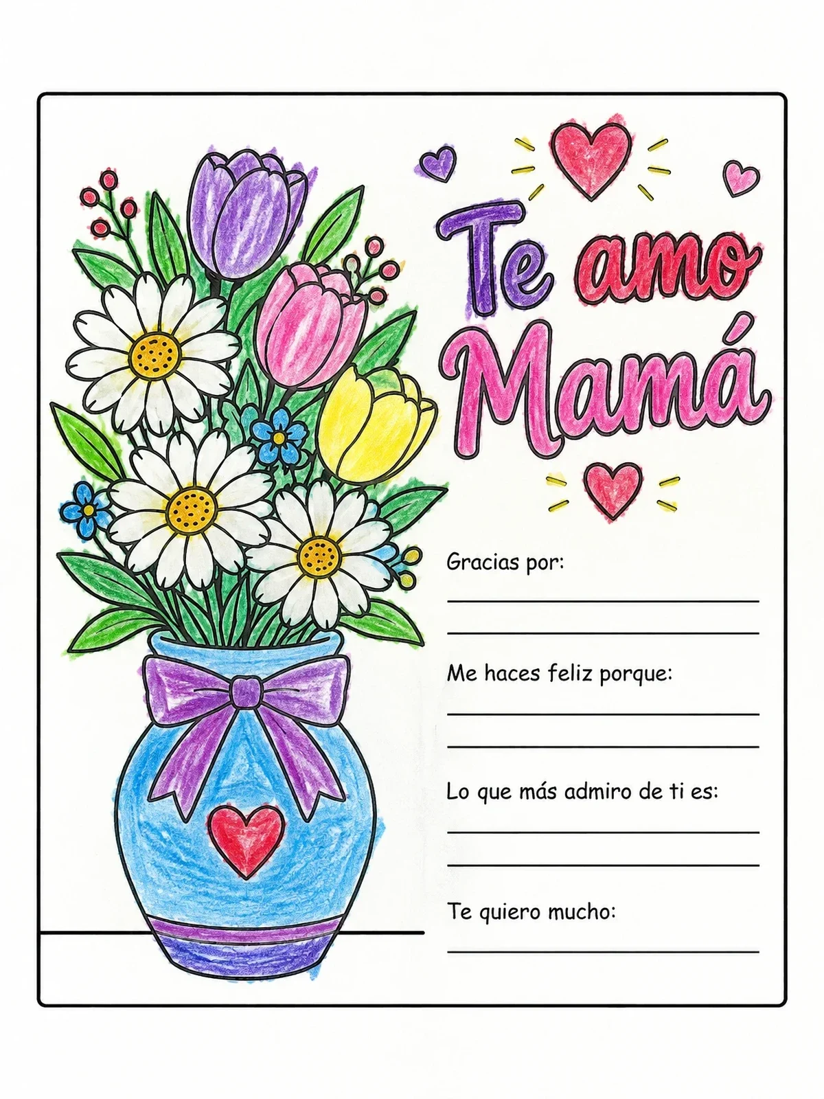 Colored example of the Te Amo Mamá Flower Bouquet Card coloring page
