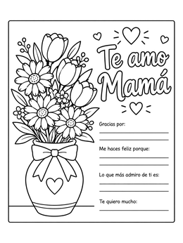Free printable Te Amo Mamá Flower Bouquet Card coloring page