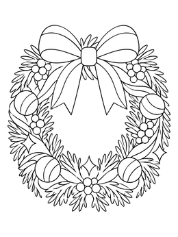 A decorative feliz navidad coloring page featuring an ornate holiday wreath with berries and a large bow.