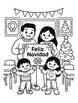 Free printable Family Celebrating Feliz Navidad In Classroom coloring page