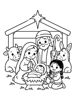 A sweet feliz navidad coloring page with baby Jesus, Mary, Joseph, a girl, and stable animals.