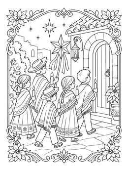 Children in traditional attire carry candles in this feliz navidad coloring page.