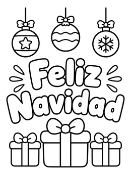 Free printable Feliz Navidad With Ornaments And Gifts coloring page