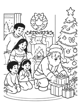 Free printable Santa Delivering Presents To A Family coloring page