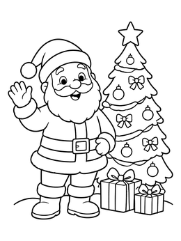 Free printable Santa Waving By The Christmas Tree coloring page