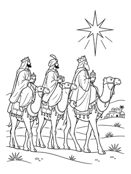 Three Wise Men on camels follow the star in this feliz navidad coloring page.