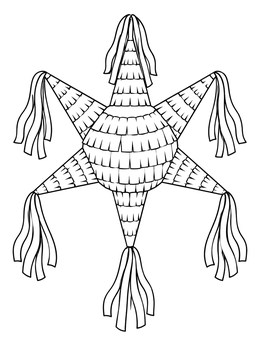 A festive star pinata with streaming ribbons on a feliz navidad coloring page.