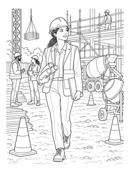 A female engineer inspects a site in this architect coloring page with blueprints and scaffolding.