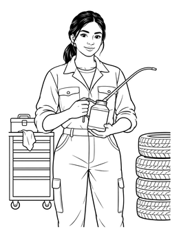 A mechanic coloring page showing a woman holding an oil can beside tools and tires.