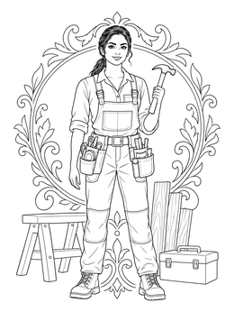 A female artisan stands in this detailed carpenter coloring page framed by ornamental foliage.