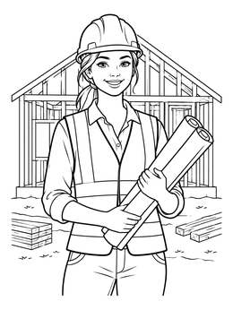 A smiling builder in hard hat on this construction worker coloring page with a house frame.