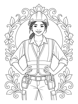 A confident female construction worker coloring page framed with decorative floral flourishes.