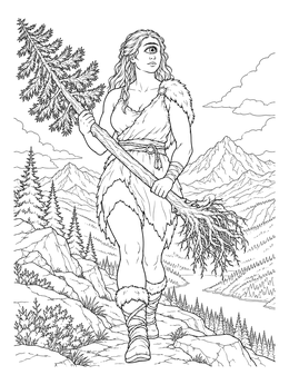 A cyclops coloring page showing a female giant holding an uprooted tree on a mountain ridge.