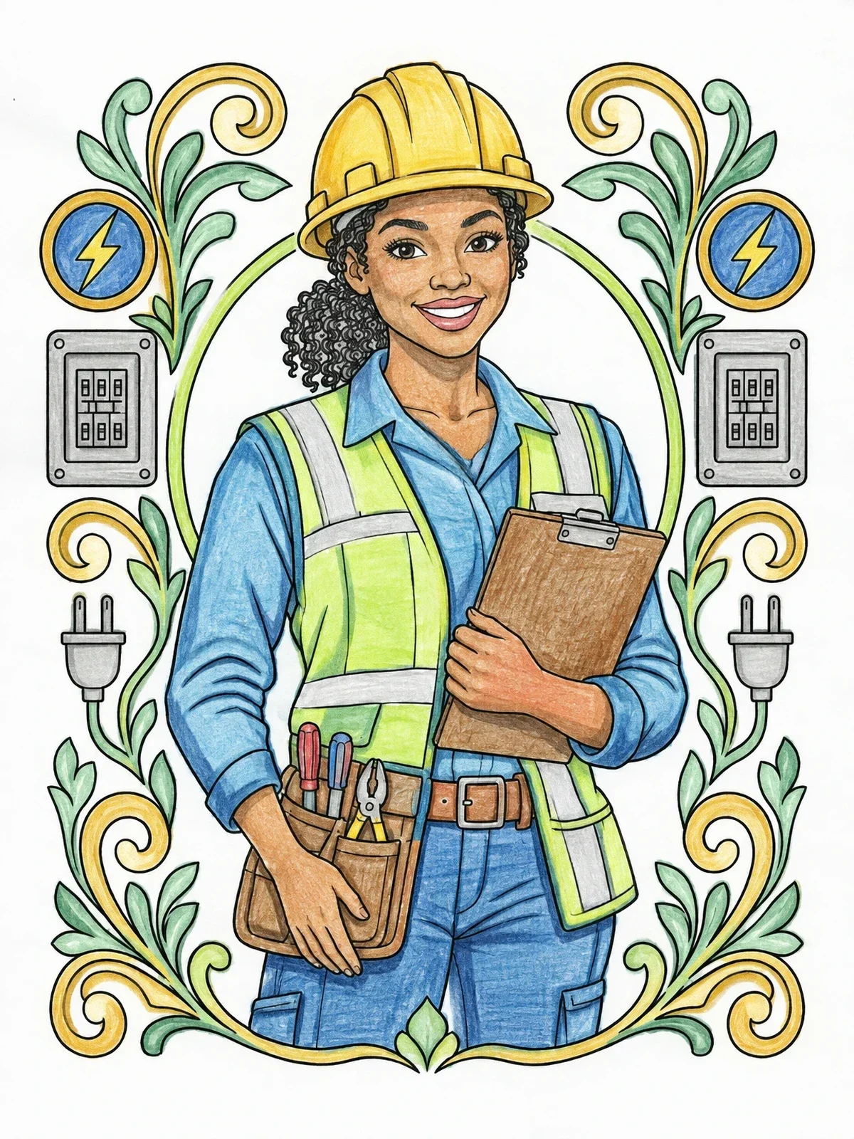 Colored example of the Smiling Female Electrician With Clipboard coloring page