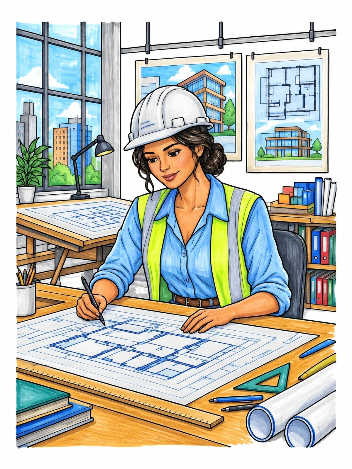 Colored example of the Civil Engineer Drafting Blueprints coloring page