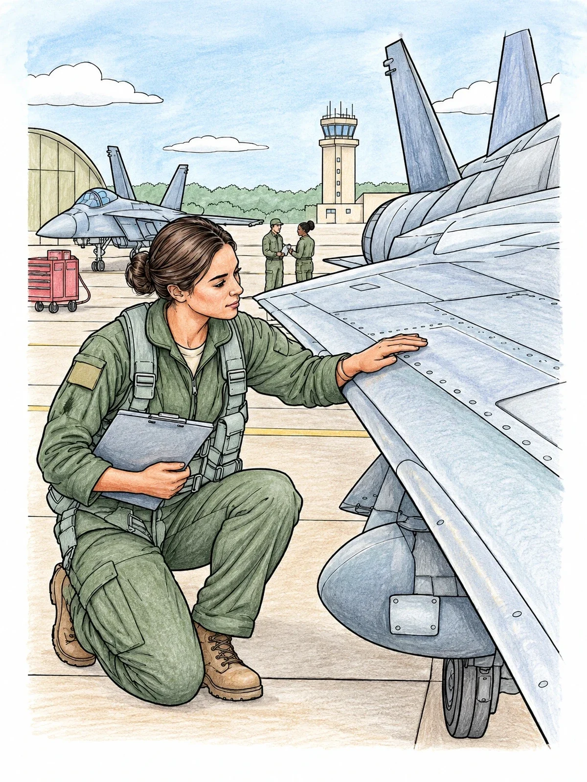 Colored example of the Fighter Pilot Preflight Wing Inspection coloring page