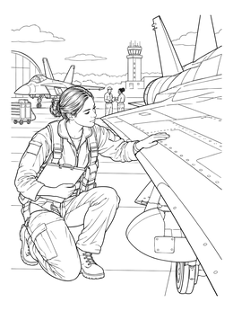 A female aviator checks an aircraft wing in this pilot coloring page on an airfield.
