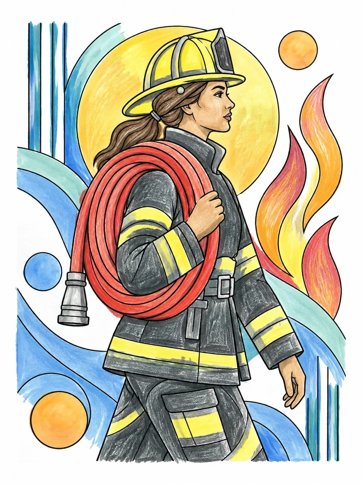 Colored example of the Female Firefighter With Coiled Hose coloring page