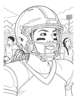 Close-up of a female player in full gear on this football coloring page.