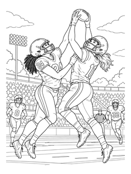 Action-packed football coloring page with female players leaping for a pass in a stadium.