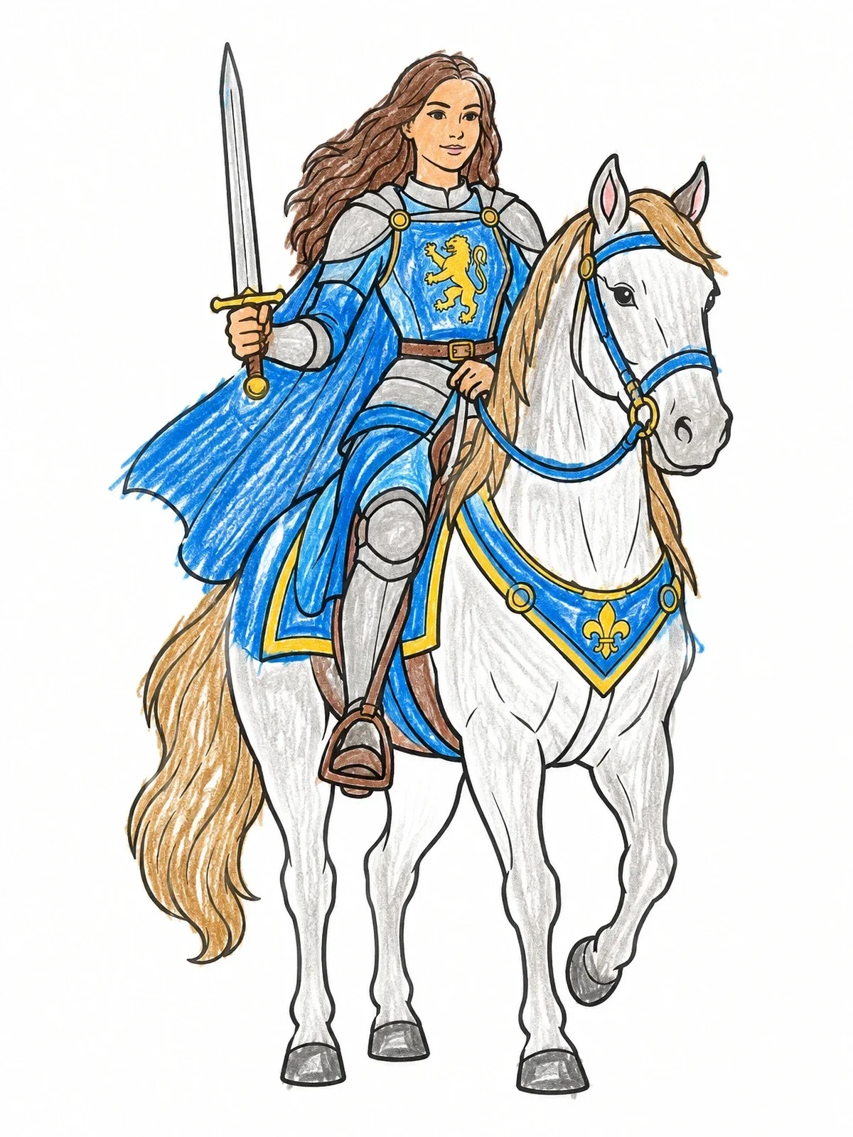 Colored example of the Brave Female Knight On Horseback coloring page